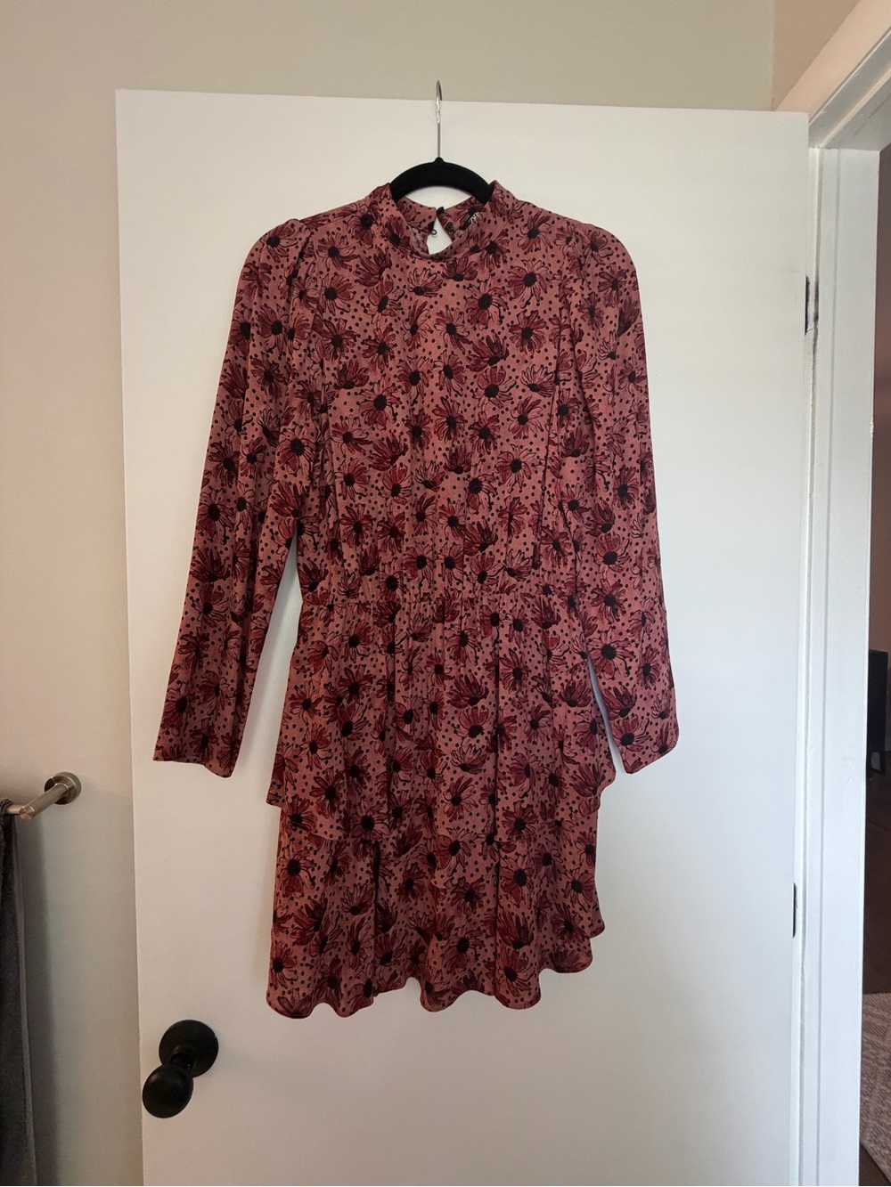Zara Rose-Pink Floral Long Sleeve Tiered Mini Dress